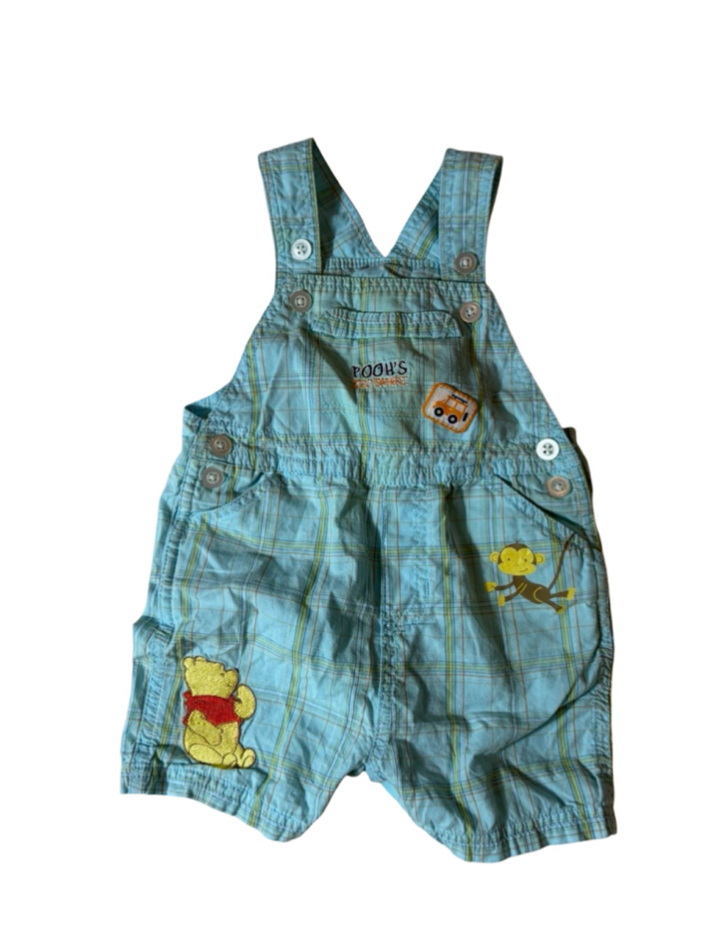 Disney Baby Winnie the Pooh Boys 6โ9M Plaid Shortalls Romper Overalls